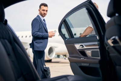 photo of a field sales rep boarding a plane