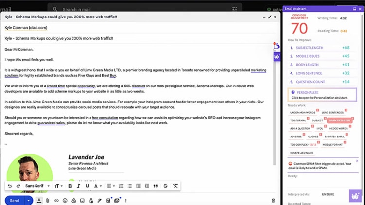 lavender email ai coaching template