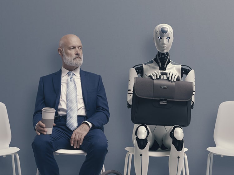 concerned sales rep sitting next to a robot