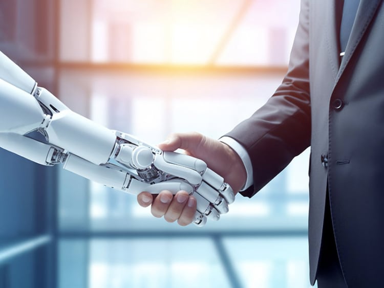 sales rep shaking hands with a robot